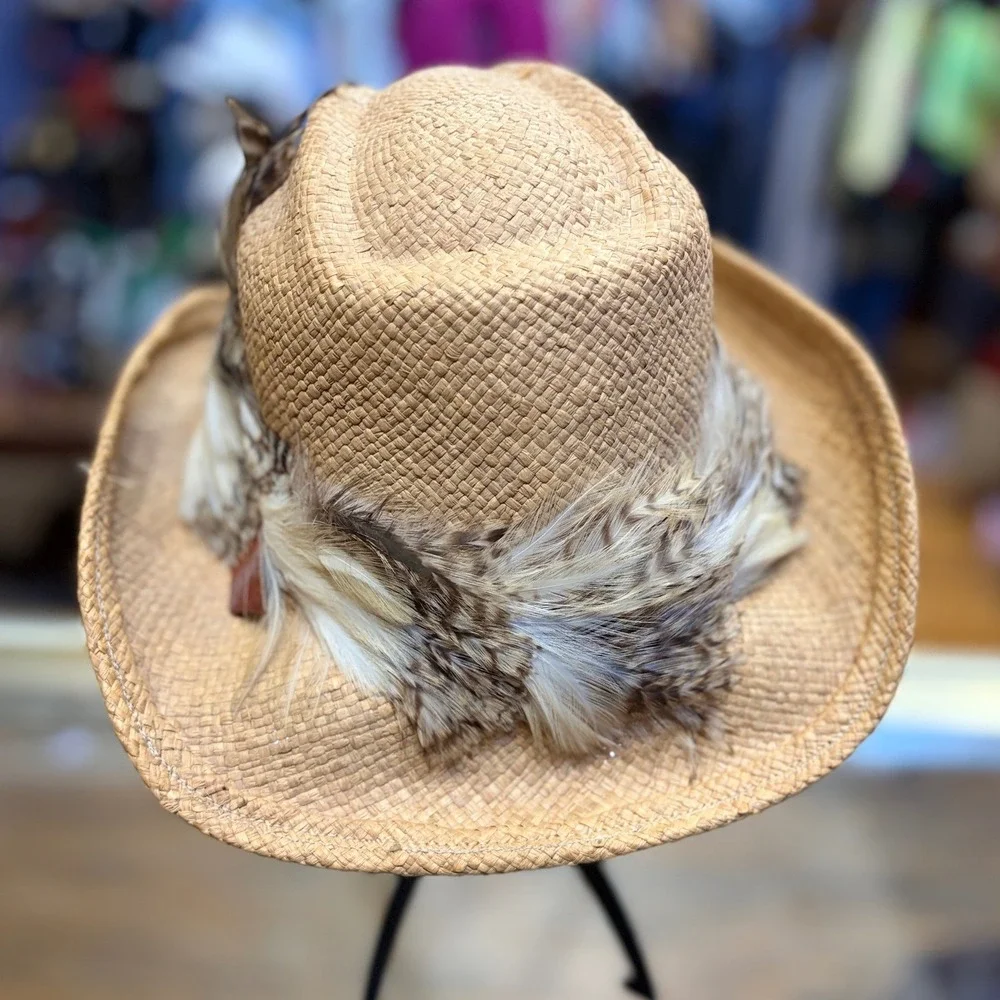 Shady Brady 80s Straw Cowboy Hat Tan Raffia Feather Band Festival Western Small
